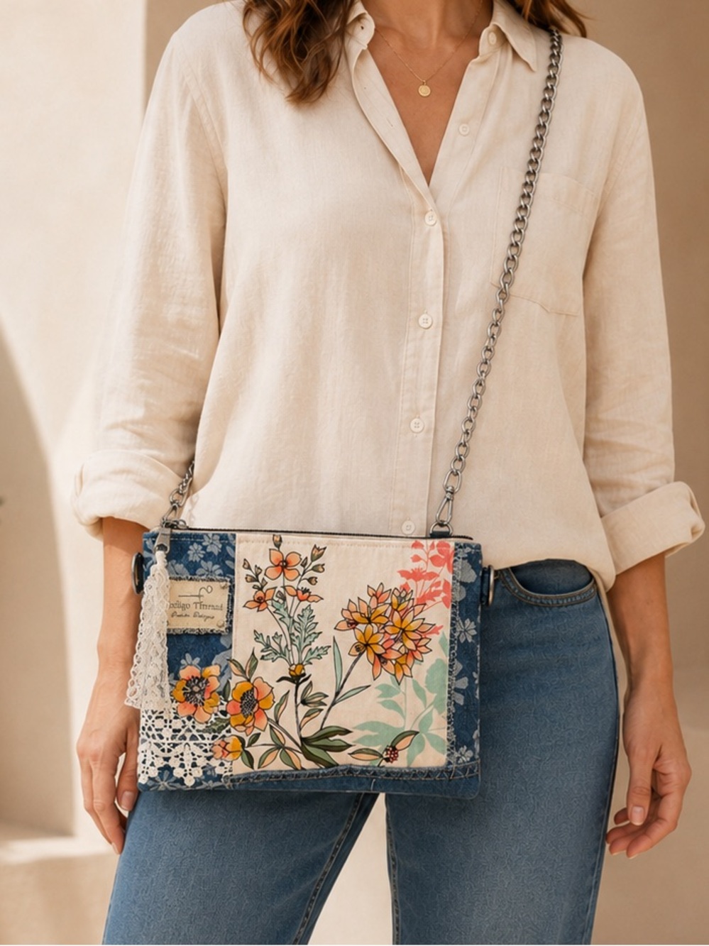 One-of-a-Kind Floral Denim Crossbody Bag